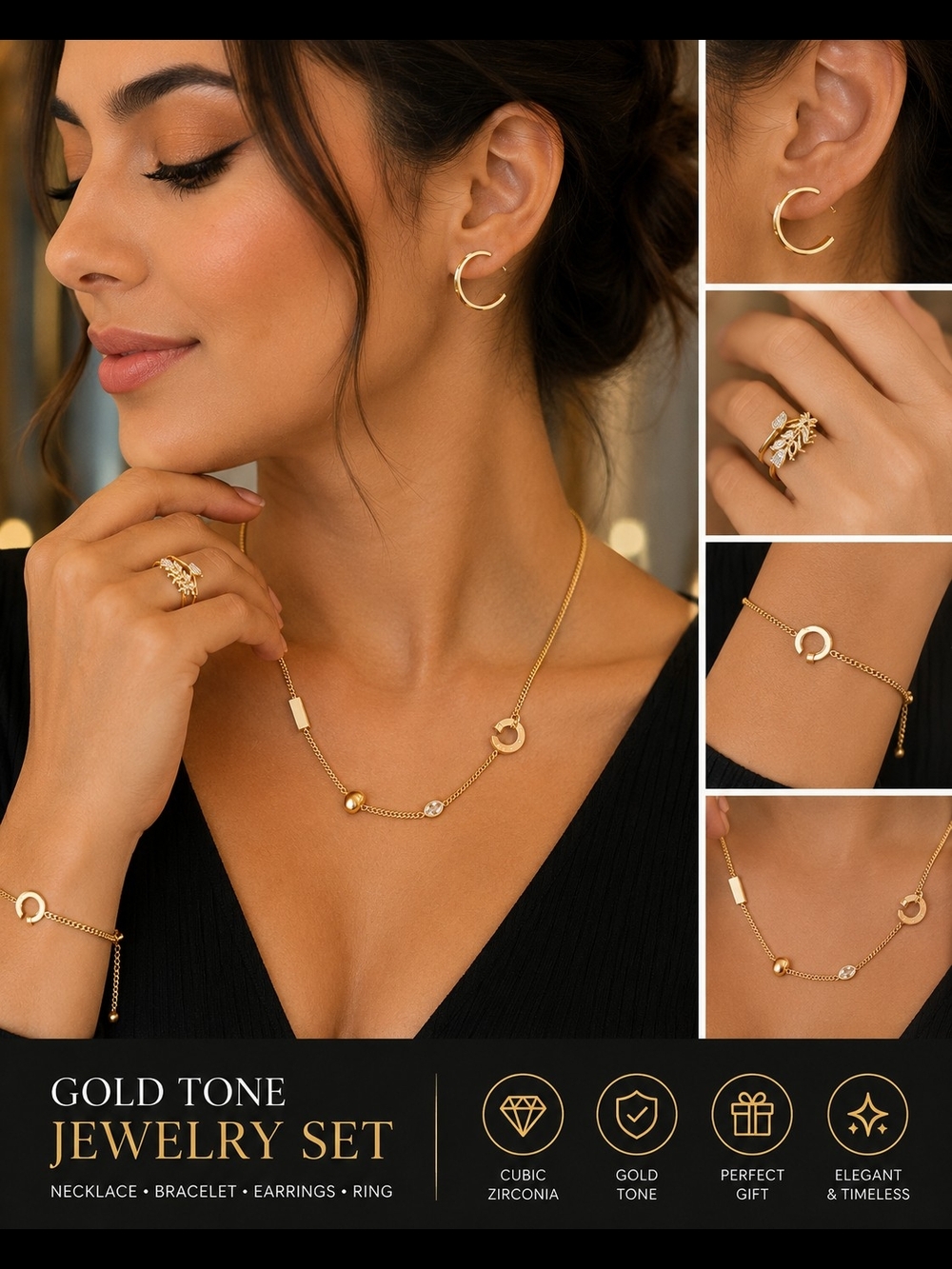 Gold Tone Luxury Inspired Jewelry Set | Necklace Bracelet Hoop Earrings CZ Ring